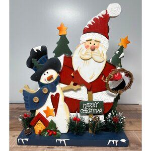 Wooden Christmas Santa Snowman Tabletop Decor Scene